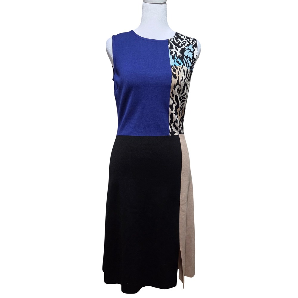 St. John Colorblock Animal Print Knit Midi Dress Blue Black Tan Size 2
